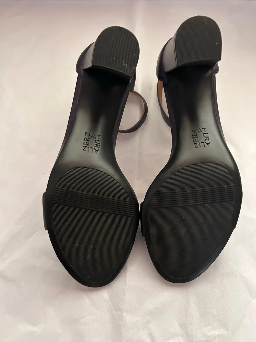 Naturalizer, 2 1/2” heel sandal, navy blue genuine leather, ankle strap, 9 1/2 .